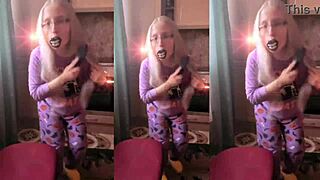 asmr blonde brushes long hair with lollipop in headphones