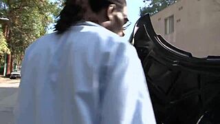 Big long-haired blonde teen bends for massive black cock outdoors