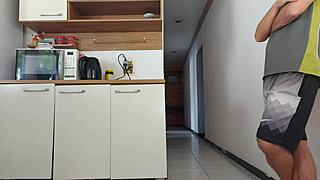 Risky friend fuck in kitchen while husband bathes
