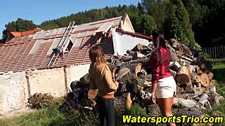 guys enjoy outdoor watersports in steamy threesome