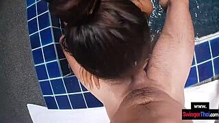 thai teen gf rides european cock in pool