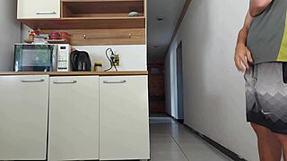 Risky friend fuck in kitchen while husband bathes