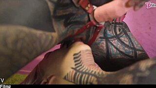 inked goth teen straps on for sloppy bisexual pussy pounding