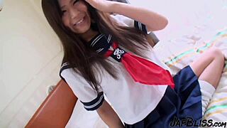japanese teen student slurps cock deep in bathtub before hardcore creampie