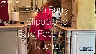 from furry slippers to bare tattooed feet and toes in the kitchen