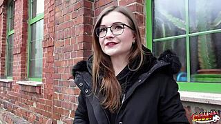german glasses student emily's tiny body gets picked up for rough casting fuck