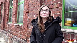 german glasses student emily's tiny body gets picked up for rough casting fuck