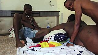 two ebony sluts gangbanged roughly in massive orgy fuckfest