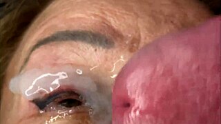 Mature Lady Takes Huge Face Cum Load Right On Her Eyes Closeup
