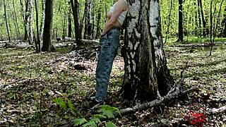 Woman Walks Forest Fingering to Orgasm Near Birch Tree