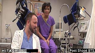 Nurse Jackie Banes grinds Hitachi vibrator on patient's shaved pussy for explosive orgasm