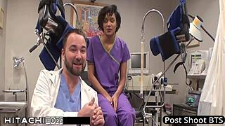 Nurse Jackie Banes grinds Hitachi vibrator on patient's shaved pussy for explosive orgasm