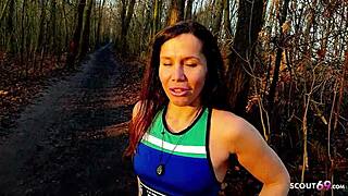 Mature german jogger seduced in park for quick outdoor facial pounding