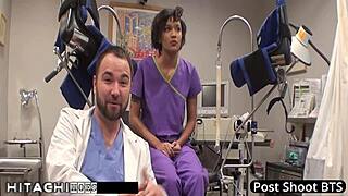 Nurse Jackie Banes grinds Hitachi vibrator on patient's shaved pussy for explosive orgasm