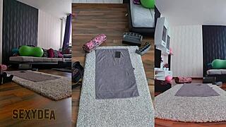 Watch her naked gym workout turn intimate with ass shaking and clothes ripped in triple cam