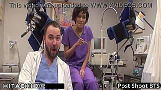 Nurse Jackie Banes grinds Hitachi vibrator on patient's shaved pussy for explosive orgasm