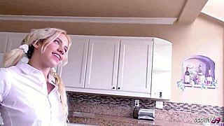 Skinny Pigtail Blonde Uniform Miniskirt Socks Cheats Fuck