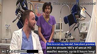 Nurse Jackie Banes grinds Hitachi vibrator on patient's shaved pussy for explosive orgasm