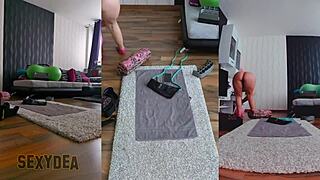 Watch her naked gym workout turn intimate with ass shaking and clothes ripped in triple cam