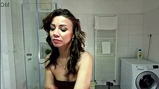 sexy milf strips bra off in bathroom flashing pussy ass