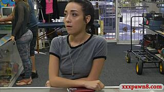 Heart pounding as tight babe pawns pussy for brutal pawnshop smash