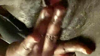 Skinny ebony hooker fingers hairy wet pussy moaning on bed