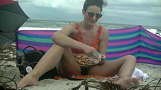 Caribbean beach wife flashes hairy pussy for black cock cuckold voyeur