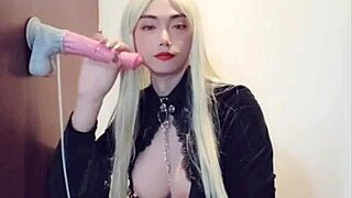 shemale in fishnets and heels teases with huge cock comfort