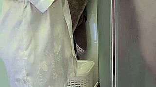 Milf strokes massive cock to explosive tit cumshot in shower