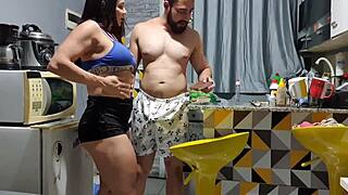 Athletic latina milf flashes big clit for kitchen creampie fetish
