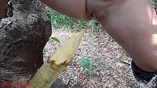 perverted milf whore squirts piss on forest stake kinky outdoor