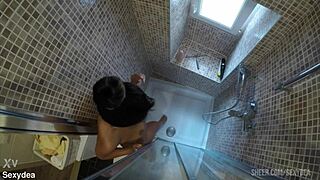 sensual threesome dildo play bathing face fucking shower wet