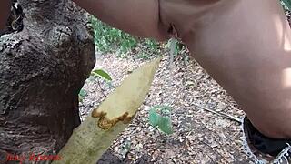 perverted milf whore squirts piss on forest stake kinky outdoor