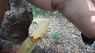 perverted milf whore squirts piss on forest stake kinky outdoor