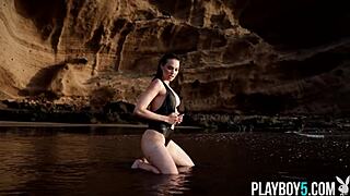 German milf jasmin strips naked beach bombshell brunette solo softcore