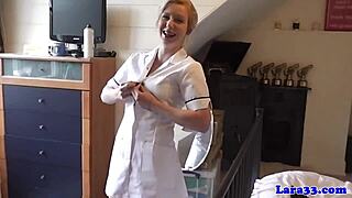 Classy British nurse milf fingers pussy and sucks patient cock