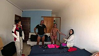 bi couple teases juicy lingerie backstage for sexy party