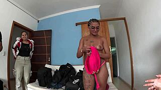 bi couple teases juicy lingerie backstage for sexy party