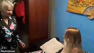 Busty granny seduces curvy neighbor girl for wet lesbian pussy licking evening