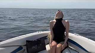 blonde beauty in lingerie blows and fucks boat captain outdoors