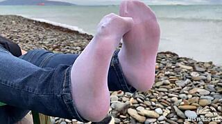 Gorgeous nylon feet teasing close-up in jeans outdoors compilation