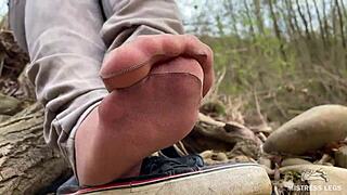 Gorgeous nylon feet teasing close-up in jeans outdoors compilation