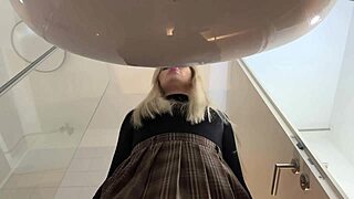 big tits blonde in pantyhose heels strips in bathroom