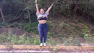 big boob latina flashes tits and ass in outdoor public spot