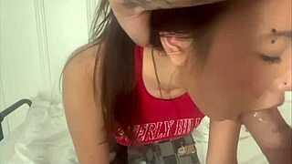 Petite Japanese teen gags on huge cock deepthroat!