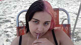 Pregnant teen belle seduces beachgoers with her cute belly fetish