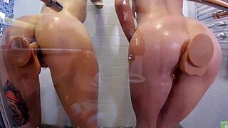Horny brunettes shower anal toys juicy asses