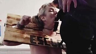 french slave bound in stocks masturbates with dildo on halloween