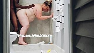 Plump milf shower fuck leads to bedroom creampie interracial pounding