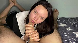Sloppy passionate homemade blowjob leads to bedroom orgasm